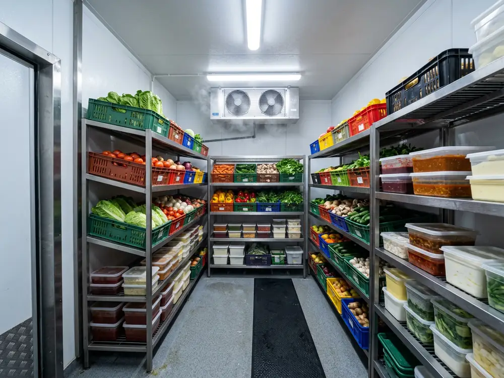 Inside a commercial walk-in cool room with stocked shelving and an evaporator fan unit