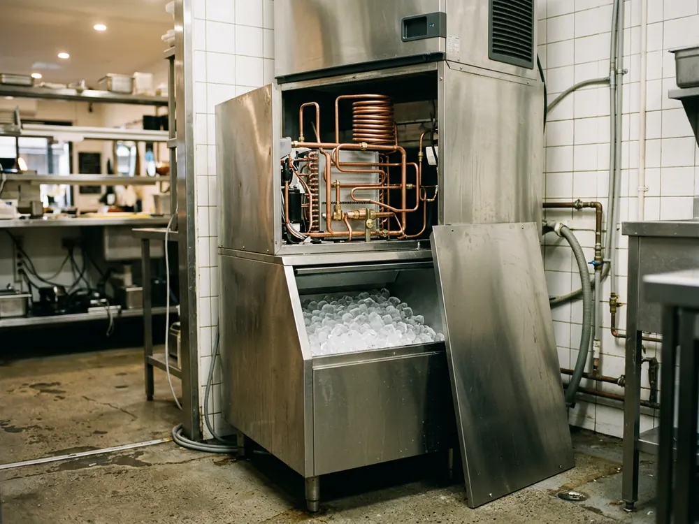 A commercial ice machine in a caf&eacute; kitchen with the service panel removed