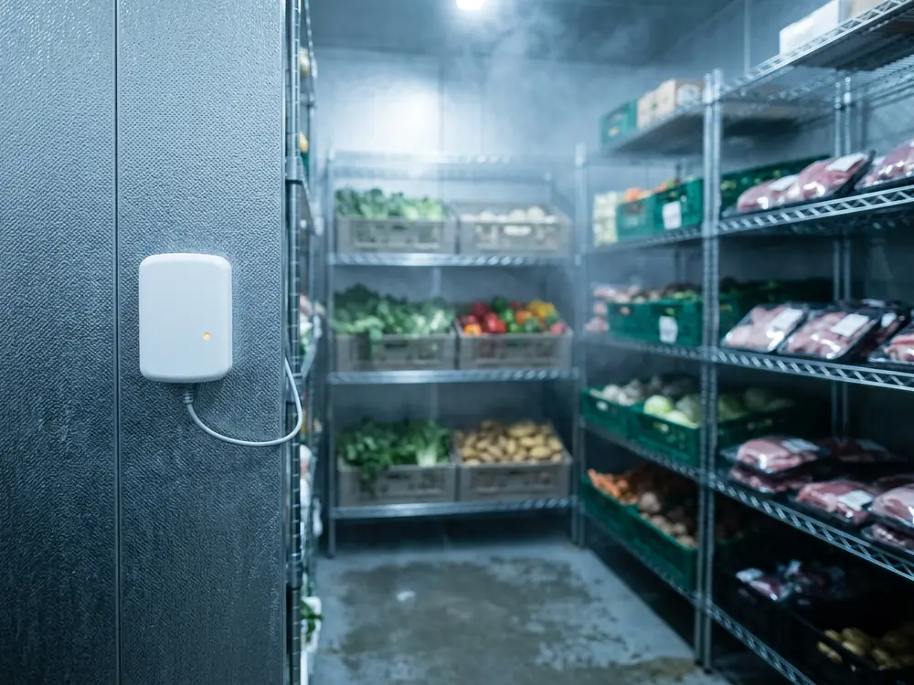 A wireless temperature sensor mounted on the wall of a commercial cool room stocked with fresh produce and meat