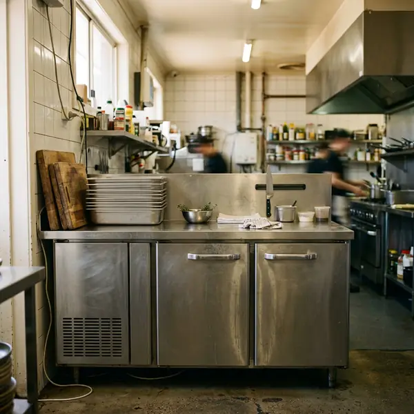 Back of house in a busy caf&eacute; with a stainless steel bench and under-bench fridge