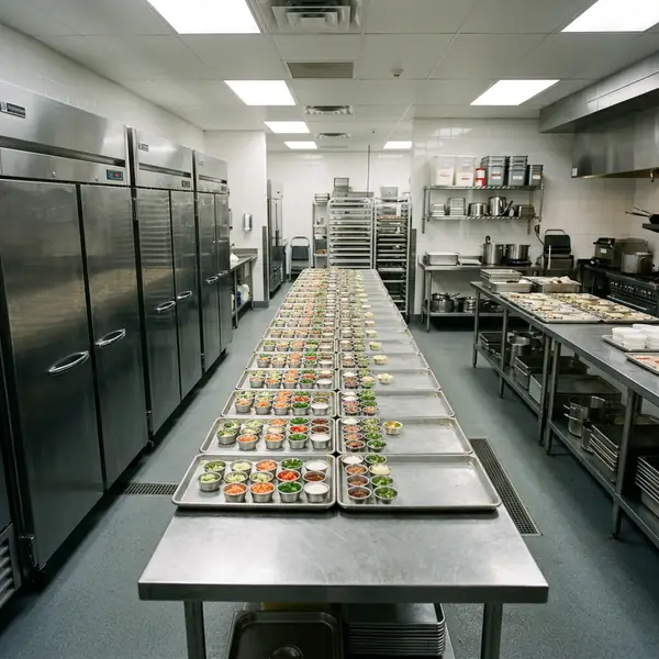 A catering kitchen prep area with large stainless steel reach-in fridges