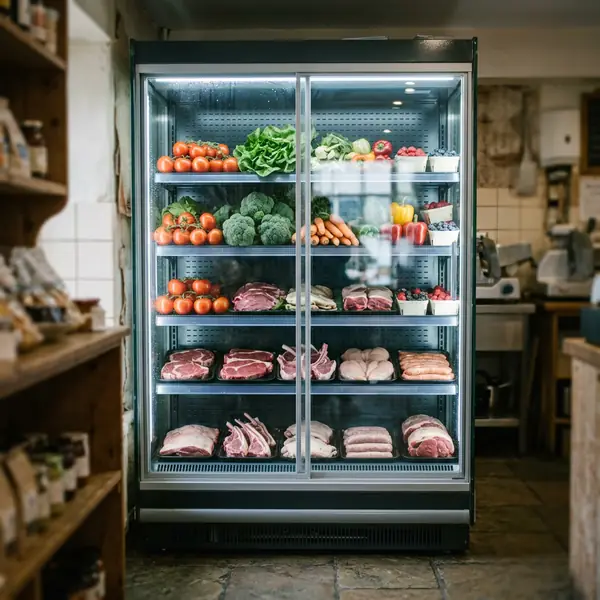 A commercial refrigerated display cabinet in a grocer or butcher shop
