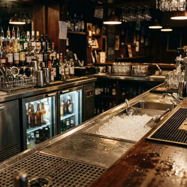 Behind a pub bar with a full ice well and an under-bar fridge